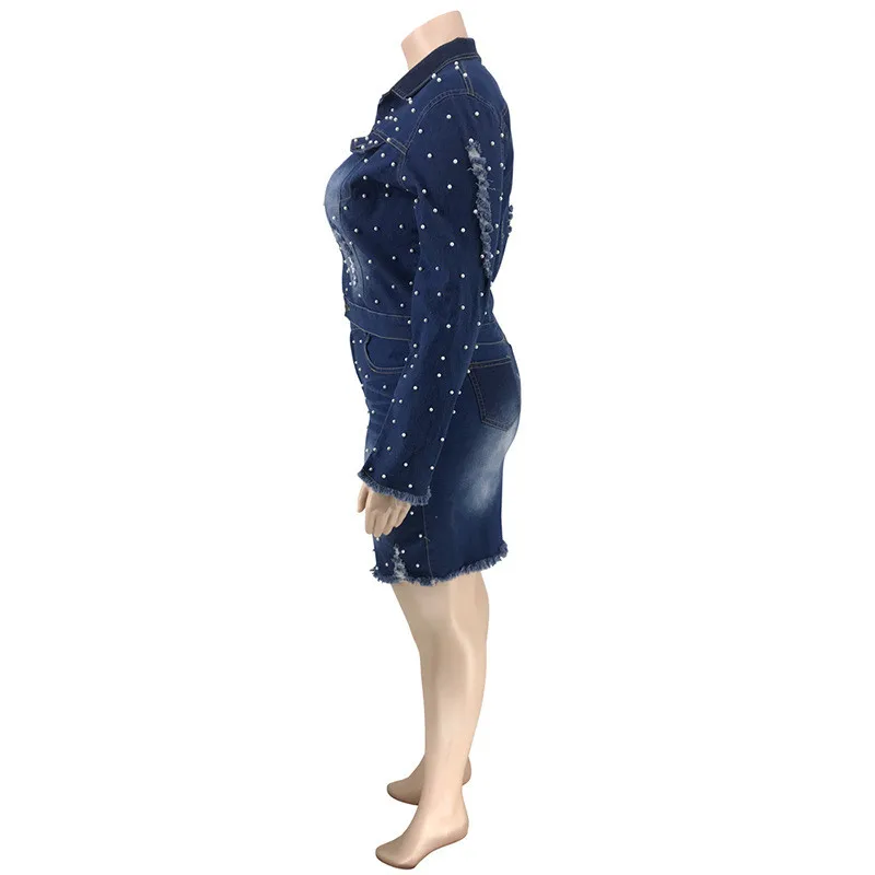 4XL 5XL размера плюс джинсовый женский комплект из двух предметов с длинным рукавом с бисером короткая куртка пальто и юбка женские комплекты повседневные костюмы Клубная одежда