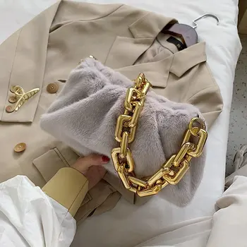 

Vintage Thick Chain Underarm Bag for Women Winter Plush Female Shoulder Bag Commute VELOUR Cloud Totes Elegant Faux Fur Bag Warm