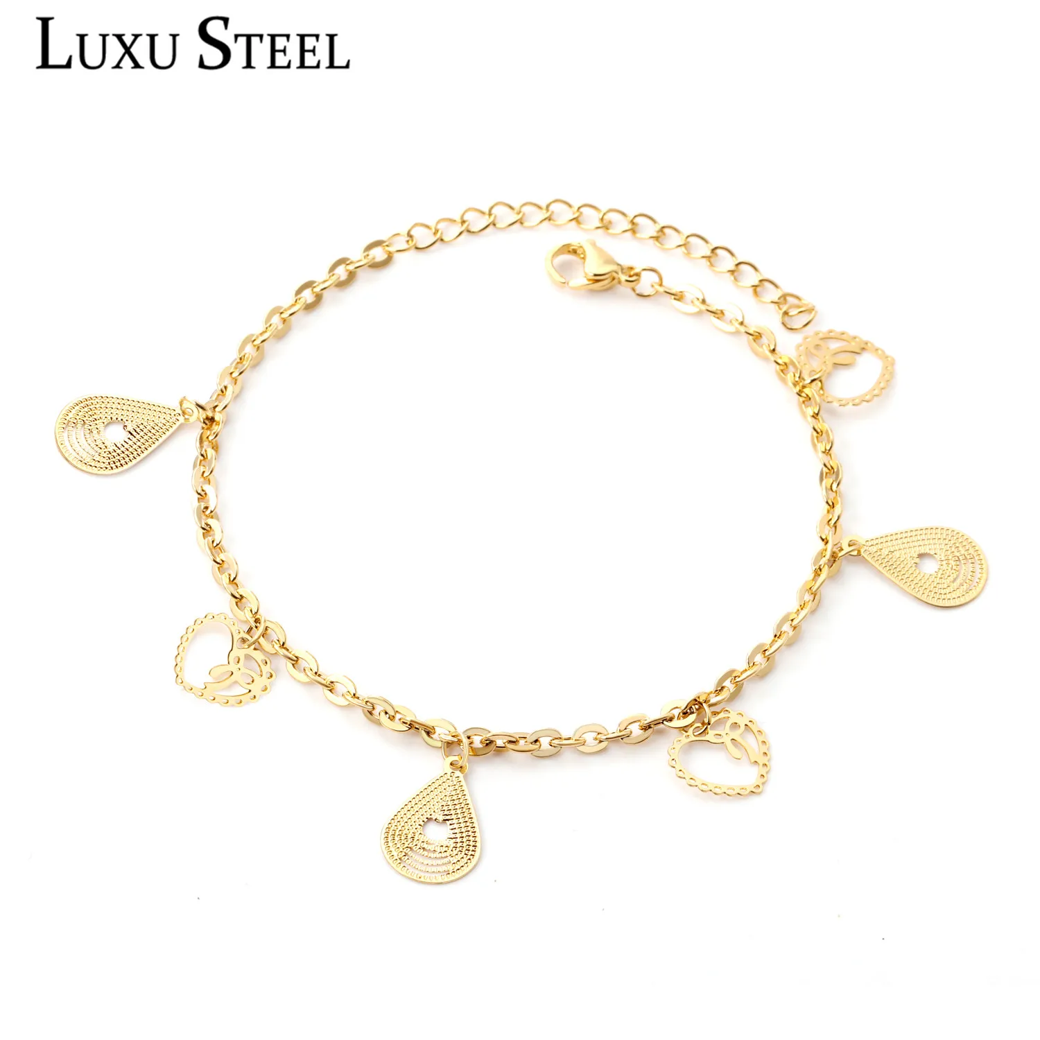 LUXUSTEEL Gold Anklets For Women Bijoux Stainless Steel Water Drop and Heart Pendants Fashion Link Chain Anklets Bracelets Party LUXUSTEEL Gold Anklets For Women Bijoux Stainless Steel Water Drop and Heart Pendants Fashion Link Chain Anklets Bracelets Party