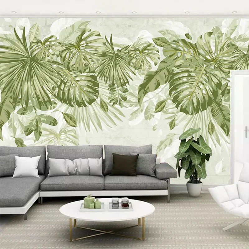 

Living Room Bedroom TV Background Wallpaper Mural Hand-Painted Style Northern European-Style Green Plant Japanese Banana Leaf Wa