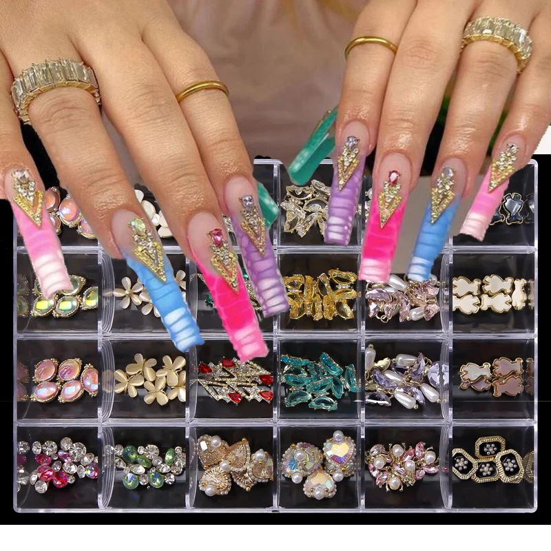 Oversized 120Pcs Nail Charms Gems Rhinestone with box Nail Art Charm Gem  Kit-3D Crystal AB Rhinestones, 24K Gold Nail Diamond