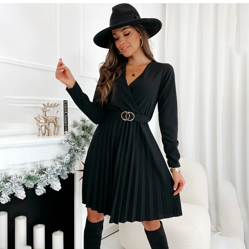 Autumn Winter Mini Black Dress Fashion Casual V-neck Long Sleeve Lace Up Pleated Elegant Green Dresses For Women Robe Femme New birthday dress