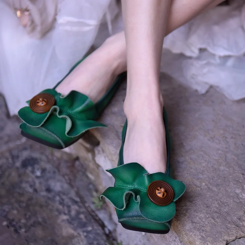 Mocasines de cuero de las mujeres pisos Slip On zapatos perezosos para las mujeres Flor de primavera Retro zapatos planos Ballat de cuero genuino del dedo del pie cuadrado verde zapatos