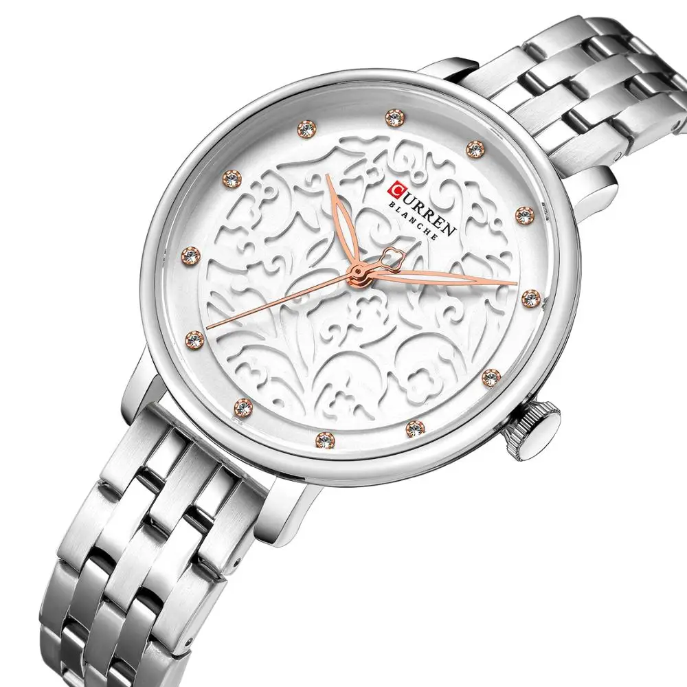 

CURREN Wrist Watch Women Stainless Steel Rhinestones Female Watches Pattern Dial Stylish Business Design Quartz Watch Waterproof