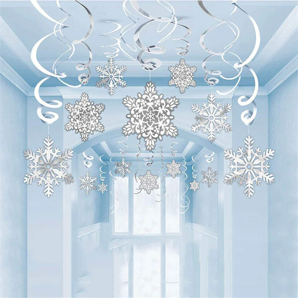 

Merry Christmas Ornaments 30pc/12pc Xmas Hanging White Snow Foil Swirl Banner Garland Christmas Decorations for Home New Year,Q