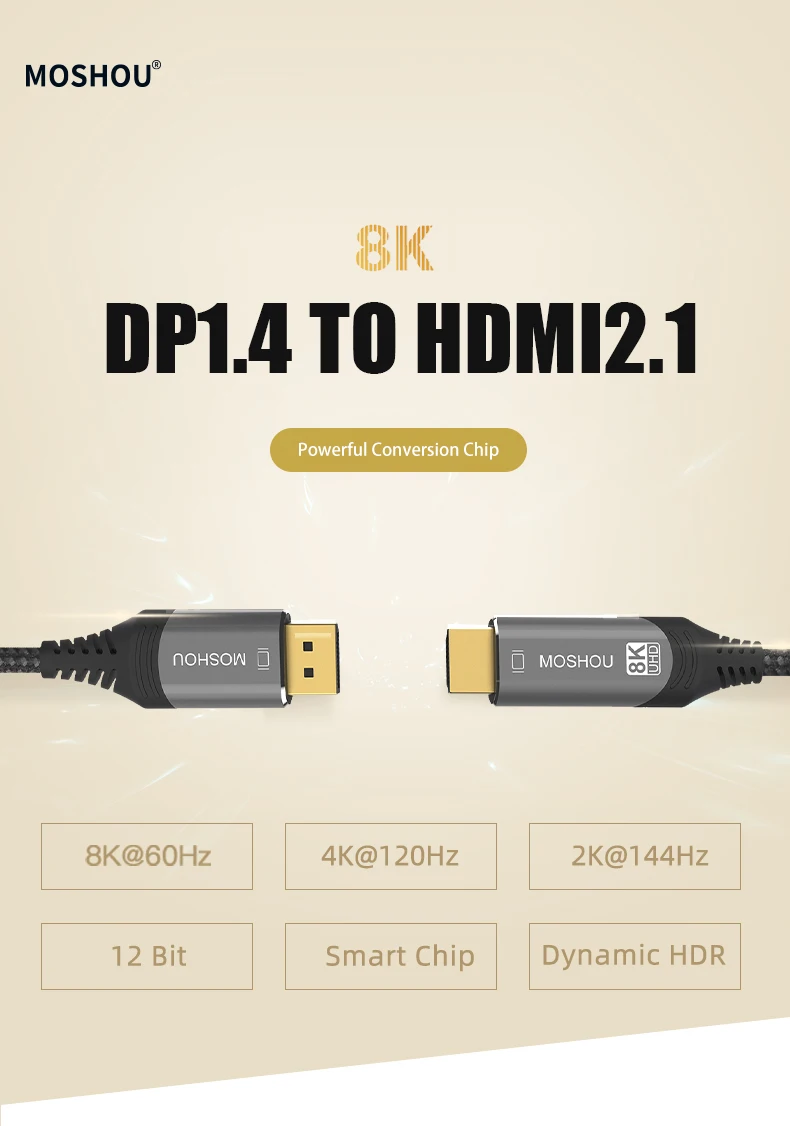Moshou 8K DisplayPort to HDMI-compatible Cable UHD 8K@60Hz 4K@120Hz Ultra Speed 48Gbps HDR for projector HDTV DP1.4 to HD2.1