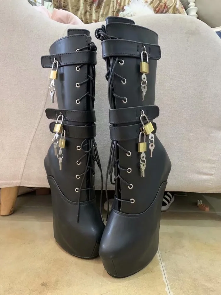 Botas negras de piel sintética para Mujer, zapatos de media caña, tacones  de herradura, tacones de plataforma, Pole Dance, Sexy, 18cm|Botas a media  pantorrilla| - AliExpress