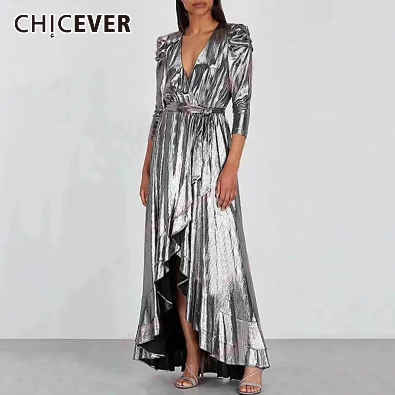

CHICEVER Elegant Ruffle Dress For Women V Neck Long Sleeve High Waist Lace Up Plus Size Dresses Female 2019 Autumn Fashion New