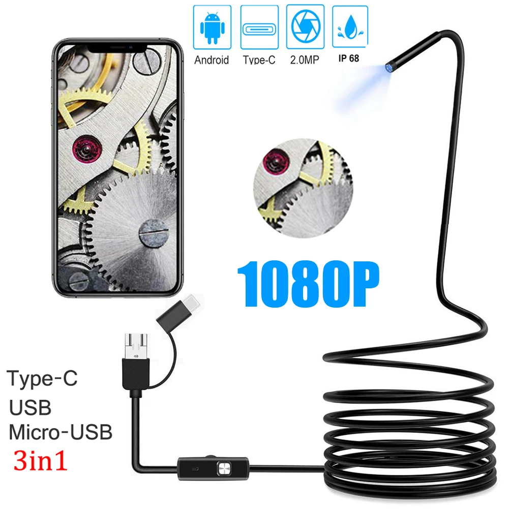 1080P HD Mini Android Endoscope Camera 1M 2M 5M 10M MicroUSB/USB/TYPE C Inspection Video Camera Snake Borescope Tube