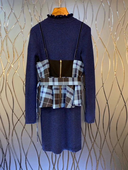 new winter women's two-piece knit dress shirt plaid suspenders 1030