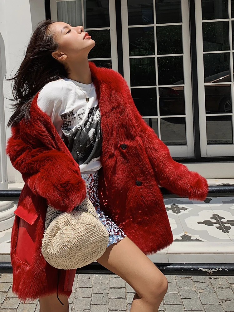New Style Real Fur Coat Women Winter Natural Wool Sheep Fur Coat Women Warm Real Fur Jacket V-neck Collar Female Overcoat