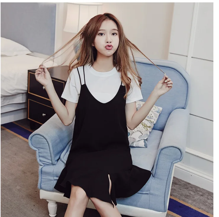 

Strapped Dress Black And White with Pattern Loose-Fit Mid-length Solid Color Skirt Korean-style New Style Blouses Fashion
