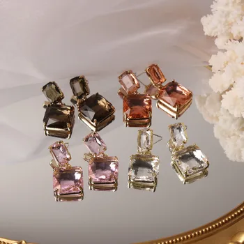 Korean hot selling fashion jewelry double square crystal earrings four colors simple temperament female daily earrings