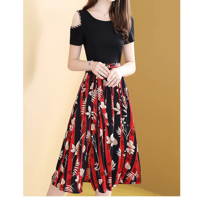

Off-Shoulder Sense of Design Chiffon Splicing Dress Women's Scheming 2019 Summer New Style Slimming Skirt Cotton