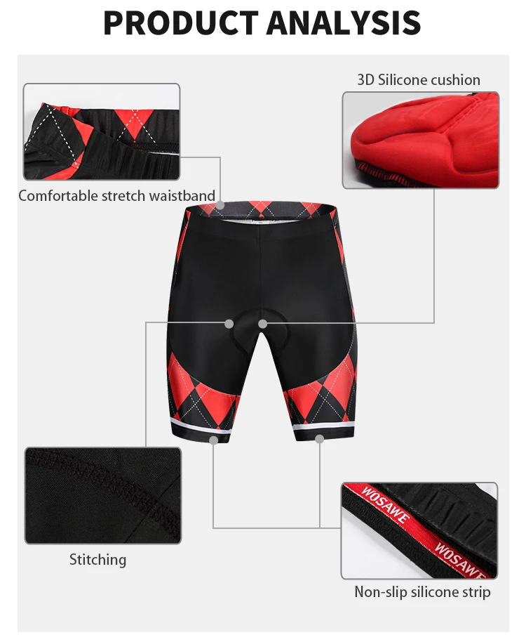 WOSAWE Men Gel Padded Anti Slip Cycling Shorts Downhill MTB Road Bike Shorts Red Bicycle Bermuda Ciclismo Ropa Ciclismo Tights