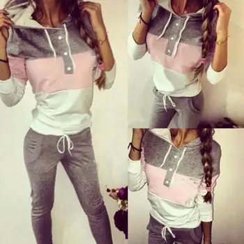 

Women Hoodie Set Fashion Contrast Stitching Button Pocket Casual Sweatshirt Set