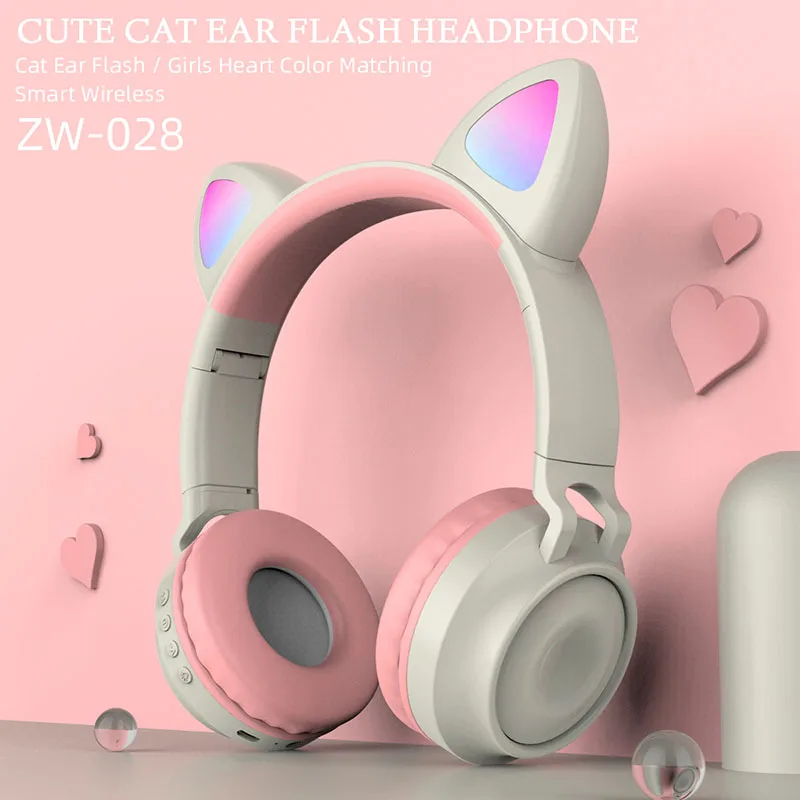 Kids Bluetooth 5 0 Cat Ear Headphones Foldable On Ear Stereo Wireless Headset with LED Light Pink 