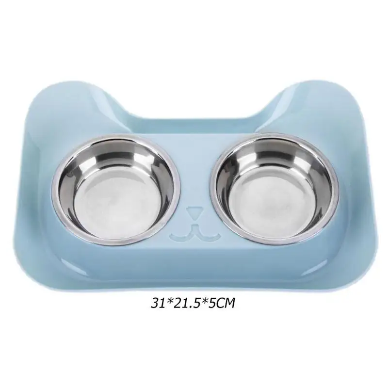Protable Double Dog Cat Bowl Safe Stainless Steel Puppy Food Water Feeder Dish Pet Feeding Drinking Dishes 31*21.5*5cm