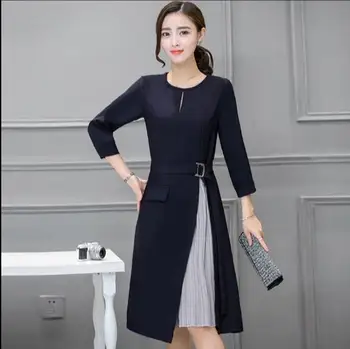 

Long Sleeve Patchwork Skater Dresses Autumn Winter Spring Casual A Line Dress Fake Two Pieces Sashes Women Office Dress Z958