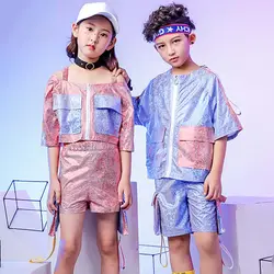 Детские джазовые хип-хоп танцевальные костюмы с карманами и блестками, комплект из 2 предметов для девочек, уличные танцы для мальчиков