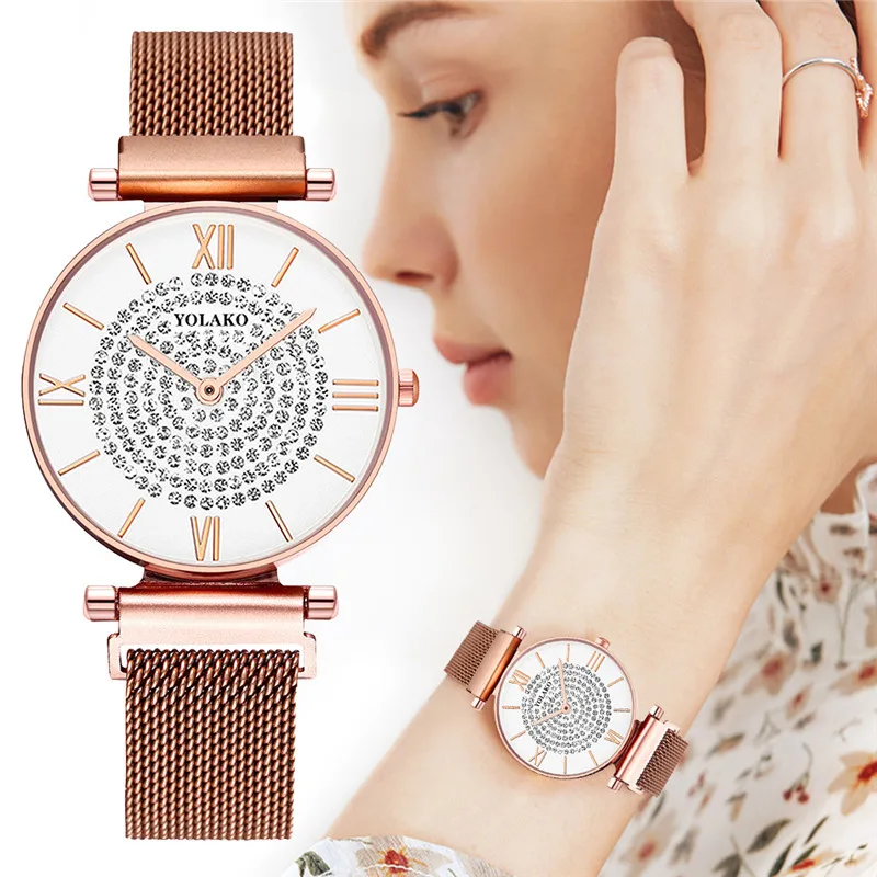 

Luxury Diamond Rose Gold Women Watches Ladies Magnet Stainless Steel Mesh Casual Female Clock Wristwatch Roman Numerals Gift Gir