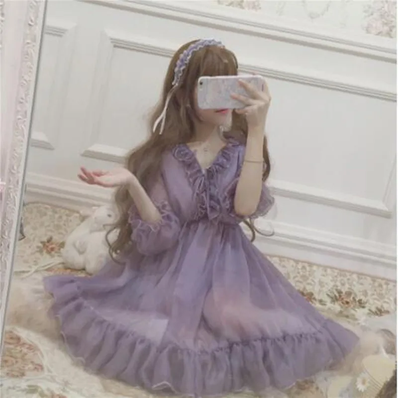 

Japanese Sweet Lolita Dress Vintage Palace Lace Ruffled Puff Sleeve Kawaii Girl Victorian Dress Tea Party Lolita OP Loli Cos