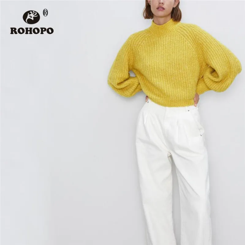 ROHOPO длинный рукав круглый воротник однотонный желтый свитер розовый/серый