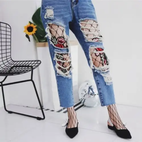 

Women Flower Embroidery Patch Hollow Fishnet Pantyhose Mesh Net Tights