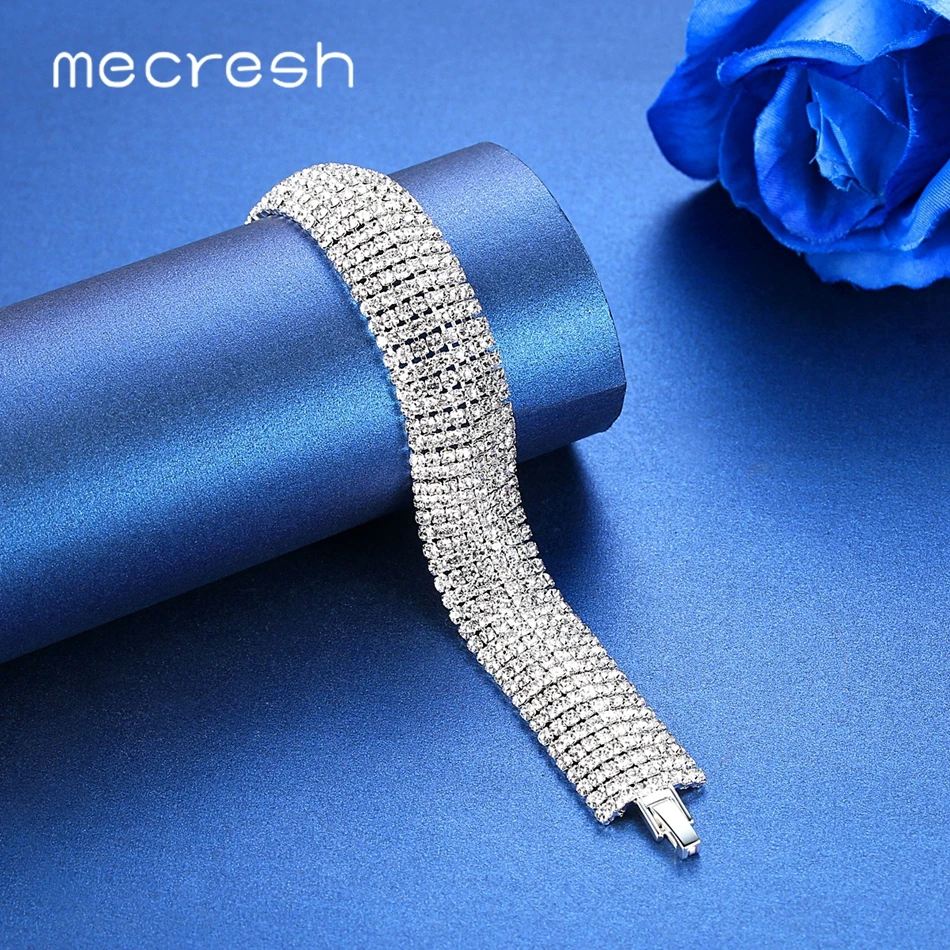 Mecresh массивные Стразы серебряного цвета, свадебный набор украшений для женщин, великолепная Длинная кисточка, серьги, браслет, набор EH1647+ SL341