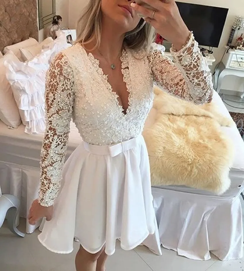short cocktail dress White Chiffon Lace Appliques Pearls illusion Deep V Neck Long Sleeve Bow Sashes Elegant Prom Party Dresses | Свадьбы и