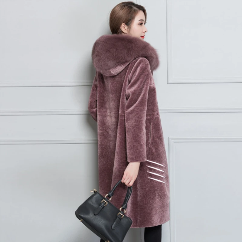 

HANZANGL 2019 Winter Wool Coat Women's Faux Fur Coat Long Sleeve Fox Fur Hooded Warm Cashmere Jacket Overcoat Plus Size S-5XL