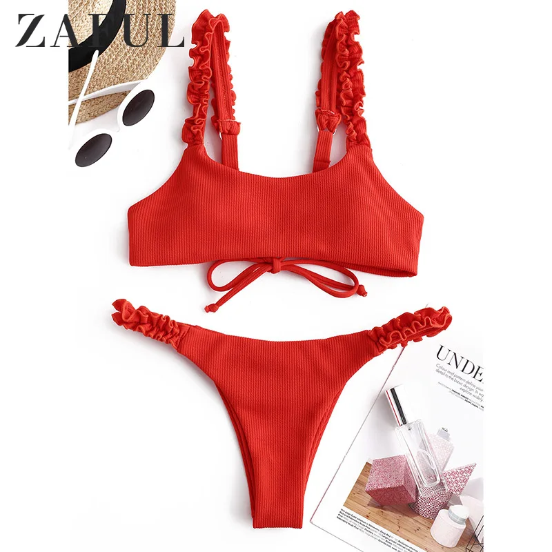 

ZAFUL Bikini Women Swimwear Ribbed Lace Up Low Rise Bikini Set 2020 Vacation Solid Bathing Suit Push Up Bikini