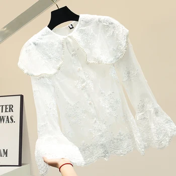 

Beaded Collar Lace Embroidered Bell-Sleeve Shirt Women's 2020 Spring New Fashion White Lace Blouse Blusas Ladies Tops Blusas