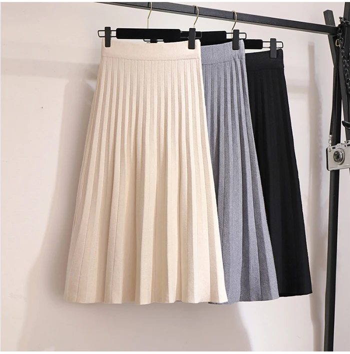 TIGENA Elegant Midi Pleated Knitted Skirt Women 2020 Autumn Winter Korean Knee Length a line High Waist Skirt Female Ladies