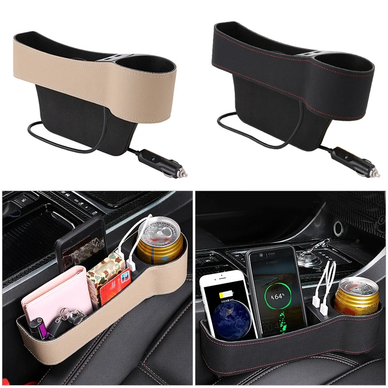 

Universal Car Storage Console Seat Gap Organizer Cup Holder Auto Seat Side Slit Pocket Storage Box With Dual USB Charger Ports