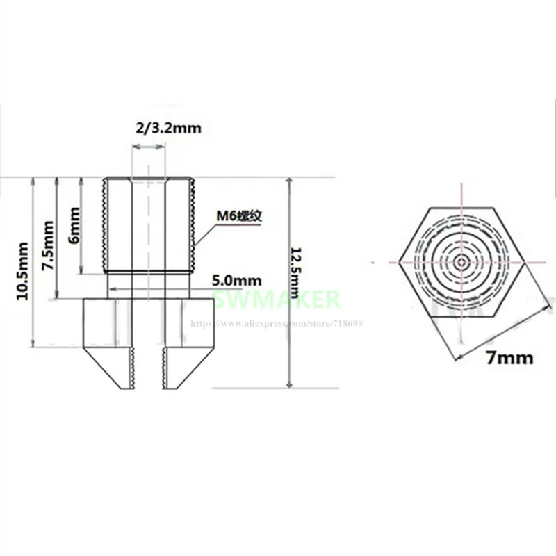 1pcs New design V6 0.2/0.4/0.3/0.5mm lance nozzle / Pointed nozzle for 1.75mm Prusa I3 3D printer parts Titan Extruder