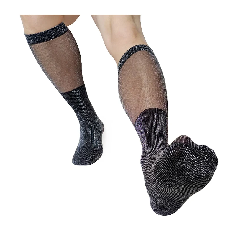 Mens Socks Long High Elastic Sexy See Through Mesh With Glitter Male Formal Dress Socks Fashion Hose Stocking - Socks -