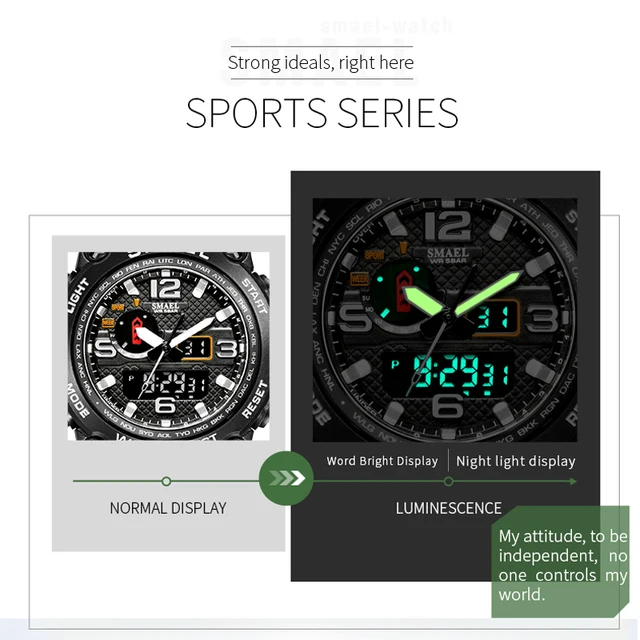 SMAEL Brand Men Sports Watches Dual Display Analog Digital LED Electronic Quartz Wristwatches Waterproof Swimming Military