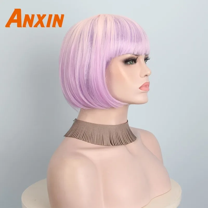 Anxin Милая Омбре короткий розовый боб парик конфетных цветов вечерние аниме