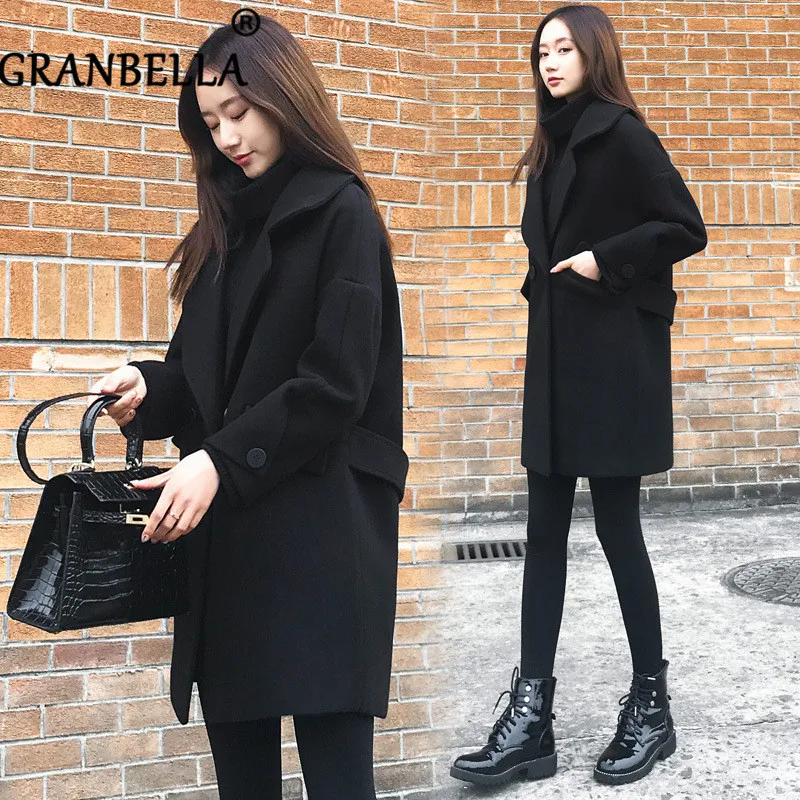 

Fashion Autumn And Winter Hot Medium-length Woolen Female Overcoat Double Breasted Solid Color Casual Vintage