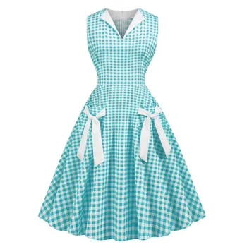 

Hepburn Vintage Dress Women Pink Plaid Check Print Bowknot Pockets Swing Pin Up Vestidos Summer A-Line Party Dresses Plus Size