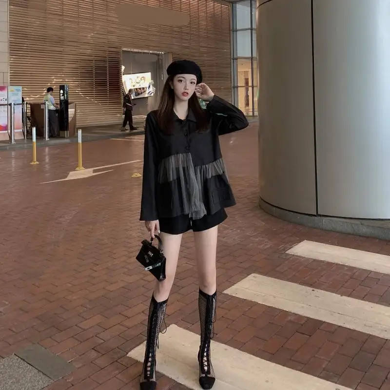 

Korean-style Black Mesh Suit Long Sleeve Loose-Fit Small Joint Casual Suit Single-Breasted Women's 2019 Convention Spring And Au