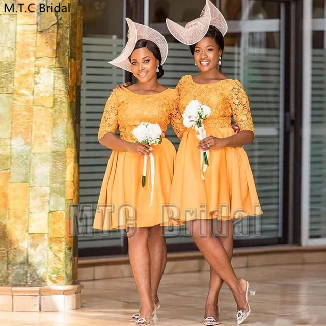 Spanien dæk Reproducere Yellow Gold Short African Bridesmaid Dresses With Half Sleeve A Line Lace  Top Plus Size Black Women Wedding Party Dress Cheap - Bridesmaid Dresses -  AliExpress