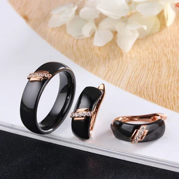 

Classic Black White Ceramic Jewelry Set Earrings Ring Crystal Simple Style Ring Ceramic Accessories For Women Girl