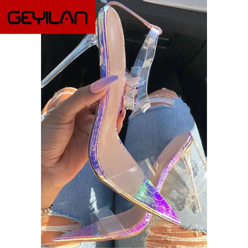 

PVC 11.5 Cm Transparent Women Sandals Super Thin High Heels Pointed Toe Buckle Strap Pumps PU Wedding Party Colorful Size 35-42
