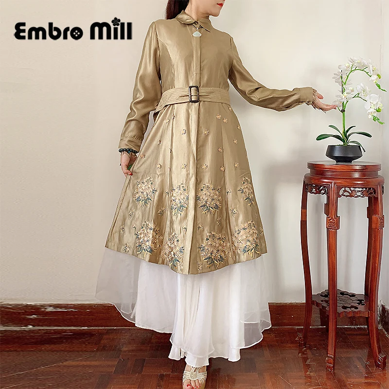 

High Quality Elegant Autumn Chinese Style Lapel Coat Long-Sleeved +Belt Retro Exquisite Embroidery Long Lady Windbreaker L-XXL