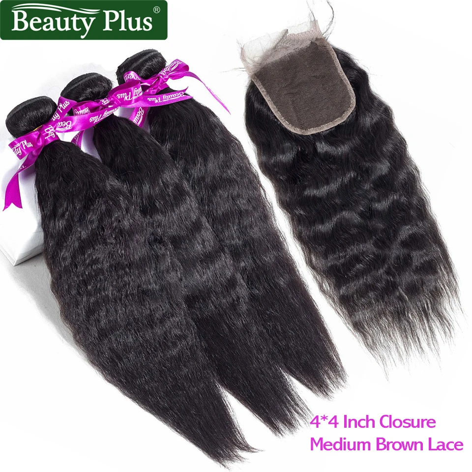 

Yaki Human Hair Bundles With Closure 3 Bundles Kinky Straight With Closure Black Brazilian Remy Hair Weave Extension Beauty Plus