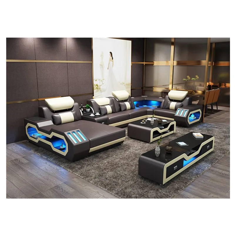Multifunctional living room sofa top leather sofa set with usb and LED light