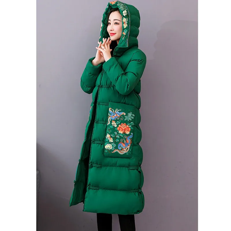 UHYTGF parkas mujer, зимняя хлопковая куртка с вышивкой в стиле ретро, Женская Повседневная теплая длинная куртка с капюшоном в национальном стиле, 4XL 955