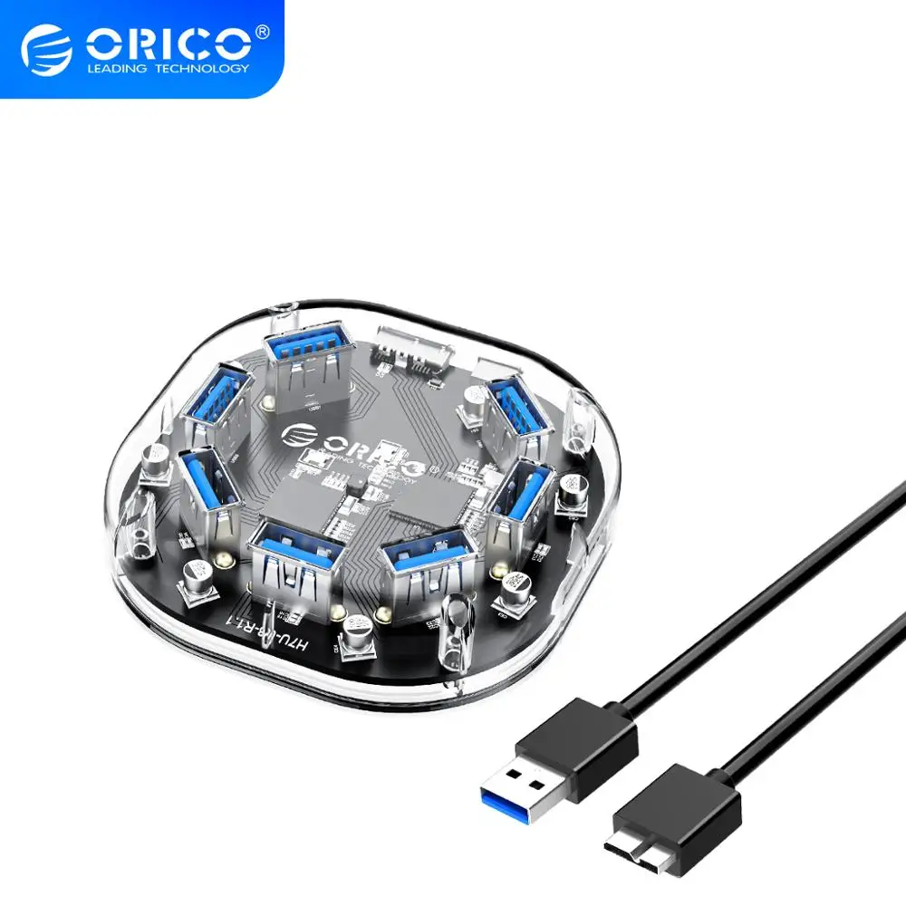 

ORICO 4 7 Port USB3.0 HUB Transparent Multi USB Splitter Adapter High Speed 5Gbps With Dual Power Supply Interface for Laptop